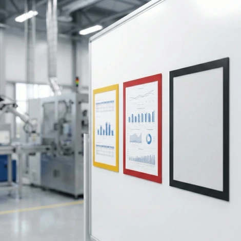 A4 magnetic frame - Office setup with light-colored walls, next to a machine and a board.