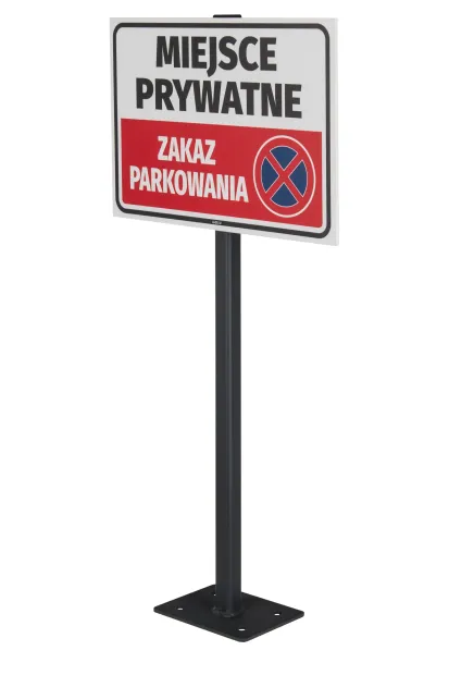 Post with base for signs – 60/80 cm - Graphic design. Sign with white and red text, featuring a symbol.