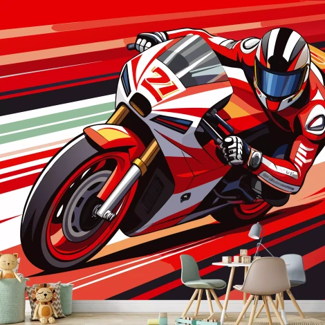 Boys\' motorcycle wallpaper 0552 - Decor for a child\'s room. Walls in shades of red and white.