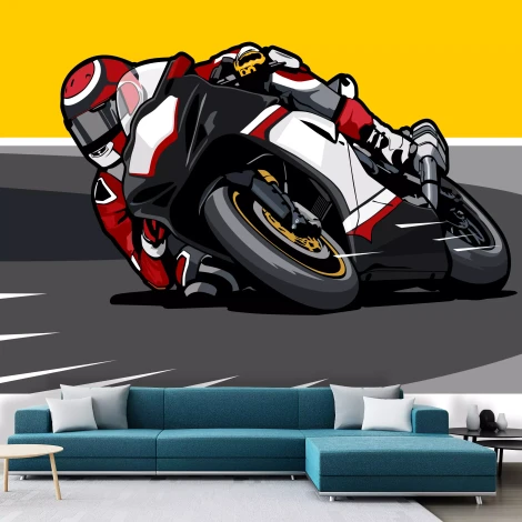 Boys\' room wallpaper Racer, sports motorcycle 0553 - Graphic design. Motorcycle in motion on a yellow background.