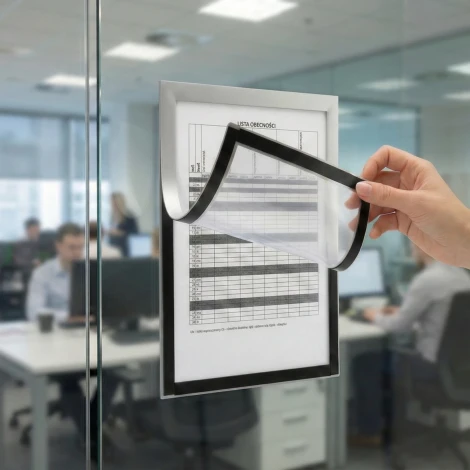 A4 Magnetic Frame with Self-Adhesive Back - Graphic Design. Clear front with black border, document inside.