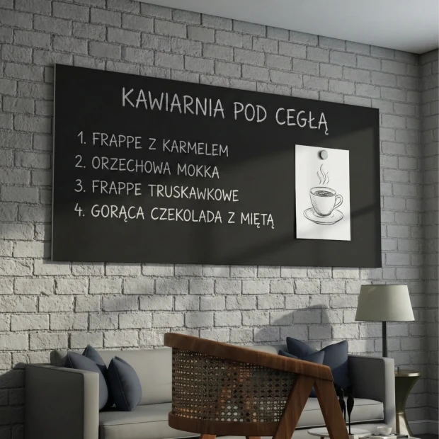 Magnetic chalkboard for chalk markers - Café setup with brick walls, wooden furniture, and muted colors.
