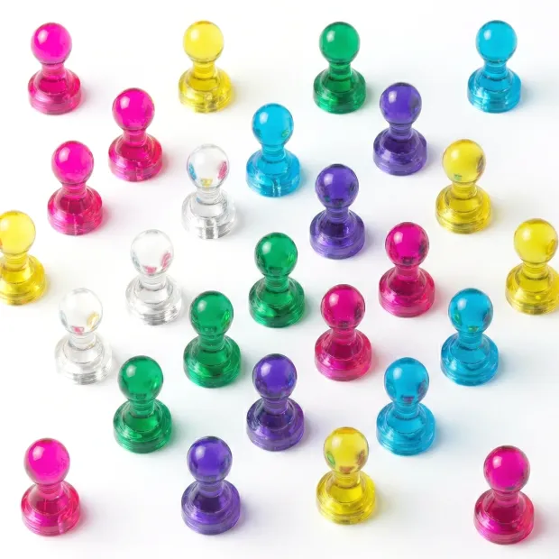 Set of 6 neodymium push pins with graphic design, featuring round heads in various colors.