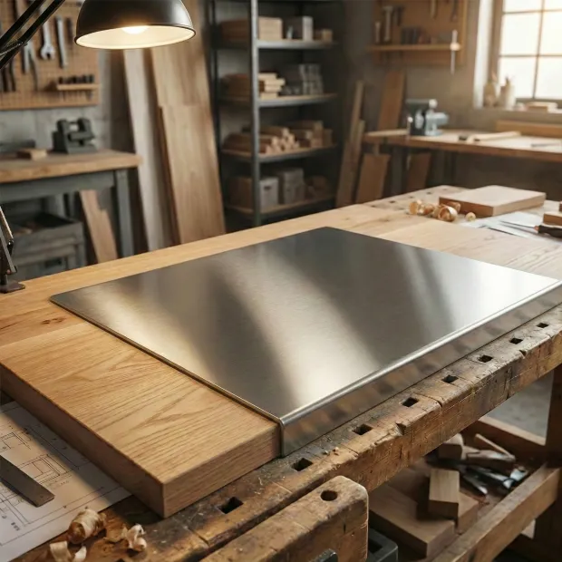 Stainless steel countertop protector INOX - Kitchen setup with light walls and a wooden countertop.