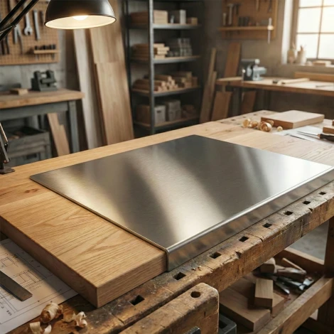 Stainless steel countertop protector INOX - Kitchen setup with light walls and a wooden countertop.