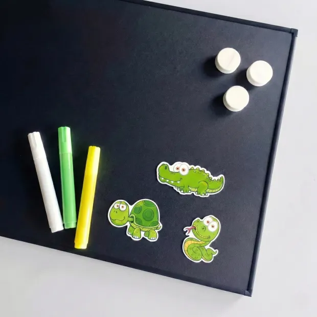 Magnetic chalkboard in an aluminum frame, available in any size - Graphic design with colorful elements.