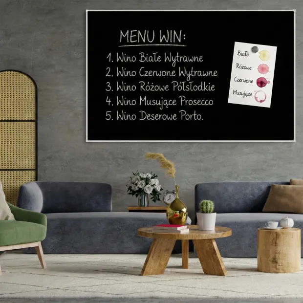 Magnetic chalkboard in an aluminum frame, available in any size - styled in a modern living room with light walls.