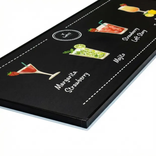 Magnetic chalkboard in an aluminum frame with a graphic print of cocktail-style drinks.
