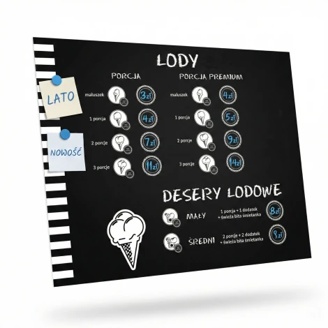 Magnetic chalkboard with custom print in any size - Graphic design. Black background with white text.