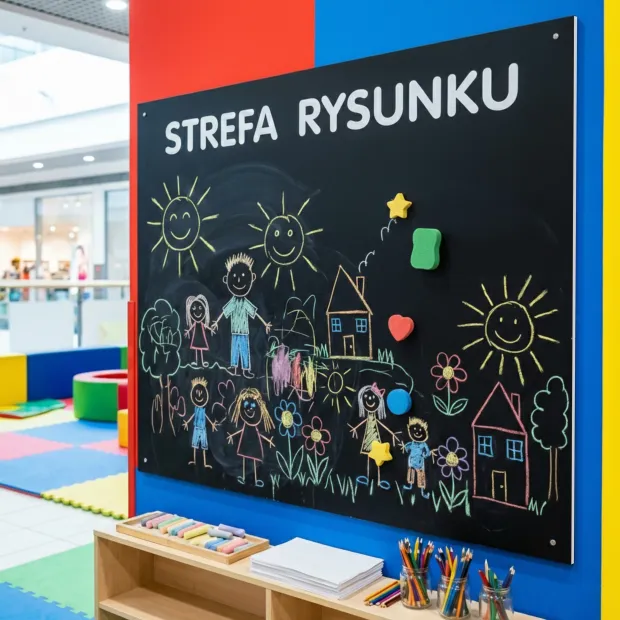 Magnetic chalkboard with custom print in any size — Children\'s play area arrangement. Colorful walls, kids\' drawings, and drawing supplies.