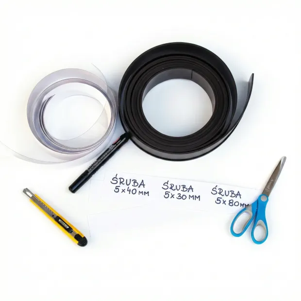 Magnetic tape for shelf marking, 5m - Graphic design. Includes two brown and white tapes, scissors, and a marker.