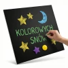 Magnetic chalkboard for chalk markers - Graphic design with colorful text and stars on a black background.