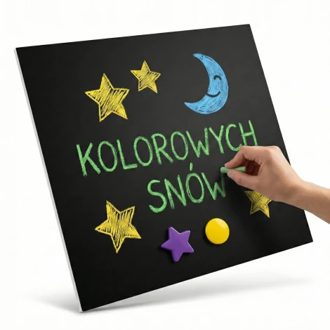 Magnetic chalkboard for chalk markers - Graphic design with colorful text and stars on a black background.