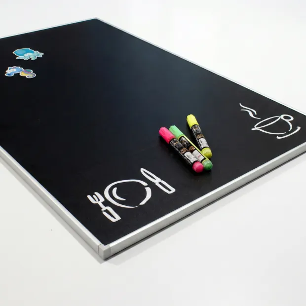Magnetic chalkboard in an aluminum frame with a graphic design. White icons on a black background.