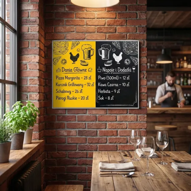 Magnetic chalkboard in an aluminum frame with print - Dining room setup. Gray walls, wooden accents.