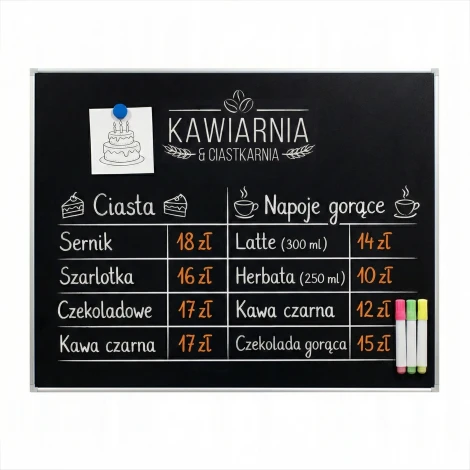 Magnetic chalkboard in an aluminum frame with a print – Coffee Shop menu. White and orange letters and graphics on a black background.