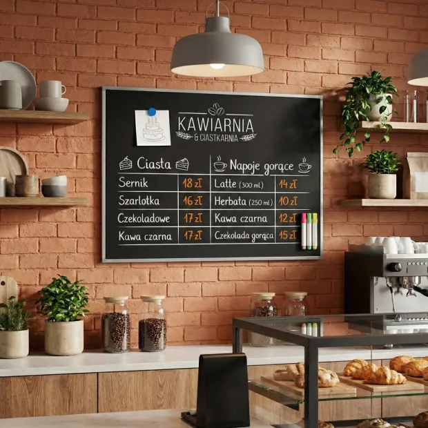 Magnetic chalkboard in an aluminum frame with a print – Arrangement