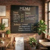 Custom chalkboard - chalk markers - Café decor. Brick walls, wooden furniture, potted plants.