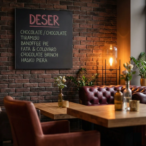 Custom chalkboard - Restaurant decor with dark brick walls and red leather seating.