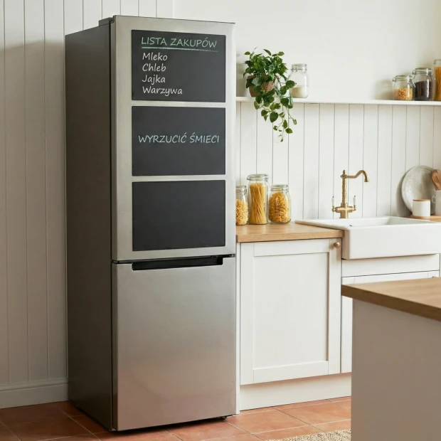 Chalk magnet for the fridge - Kitchen arrangement with light-colored walls, modern furniture, and appliances.