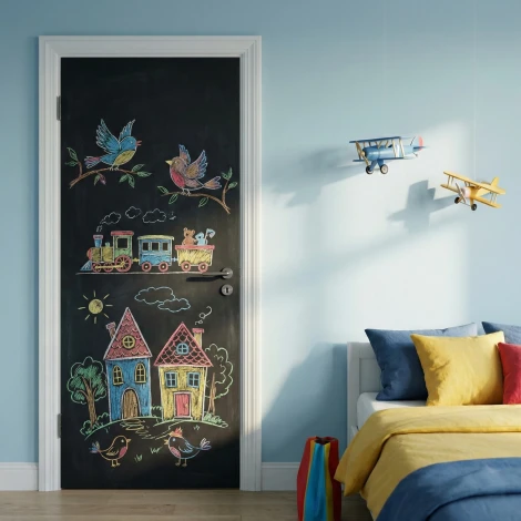 Custom chalkboard door sticker - Decor in a children\'s room. Blue walls and a colorful striped floor.