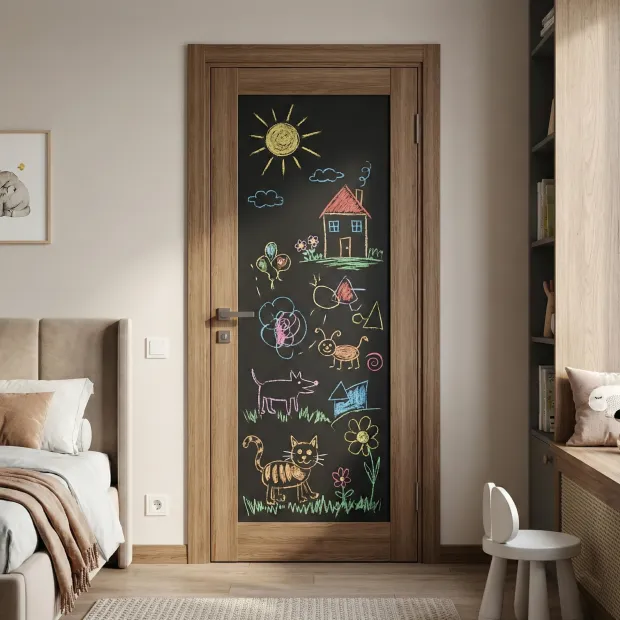 Custom chalkboard door sticker - Decor in a children\'s room. Blue walls and a colorful striped floor.