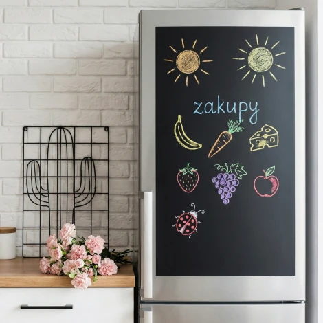 Custom chalkboard sticker for fridge - Kitchen decor with light walls, wooden accents, and plants.