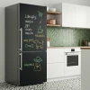 Custom chalkboard sticker for fridge - Kitchen setup. Gray furniture, green mosaic wall.