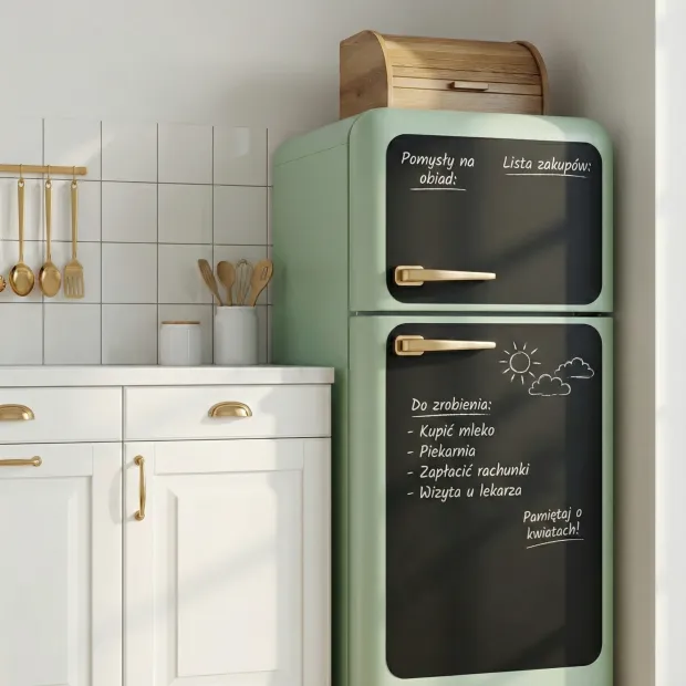 Custom chalkboard sticker for fridge - Kitchen setup. Gray furniture, green mosaic wall.