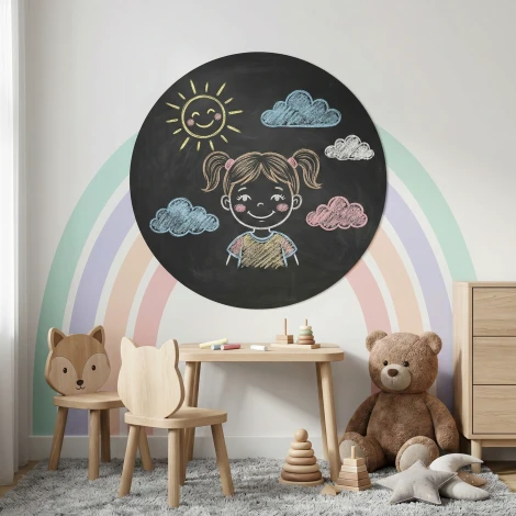 Round chalkboard in a child\'s room with pastel walls and a rainbow theme.