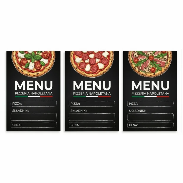 Custom-sized printed chalkboard — Menu Pizzeria Napoletana. The graphic shows three boards with pizza illustrations and predefined fields for entering the name, ingredients, and