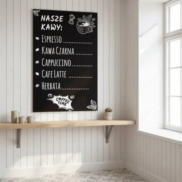 Custom chalkboard with print - Café decor. Brick walls, wooden furniture, warm lighting.