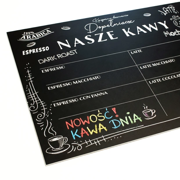 Custom chalkboard with graphic design. Black background with white text and drawings.
