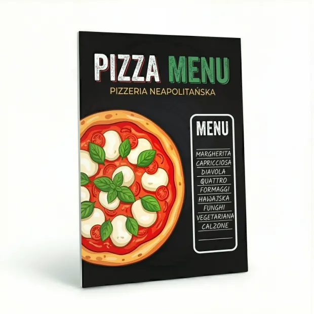 Custom-sized printed chalkboard — Pizza Menu. The graphic features an appetizing Neapolitan pizza and a stylish list of dishes on a dark background.