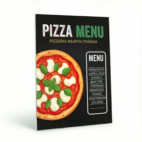 Custom-sized printed chalkboard — Pizza Menu. The graphic features an appetizing Neapolitan pizza and a stylish list of dishes on a dark background.