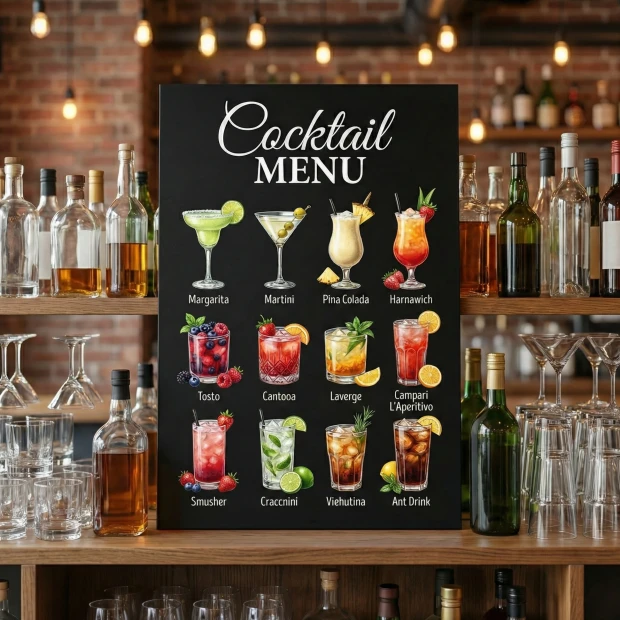 Custom chalkboard with a bar design. Dark walls and wooden shelves with alcohol.