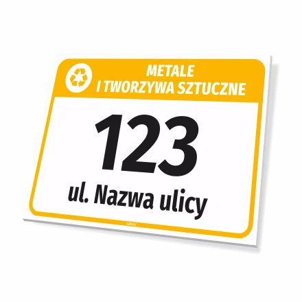 Bin Sign: Metals and Plastics, with Street Name and House Number