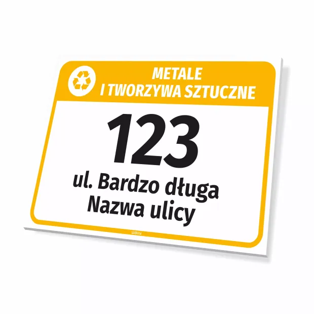 Bin Sign: Metals and Plastics, with Street Name and House Number