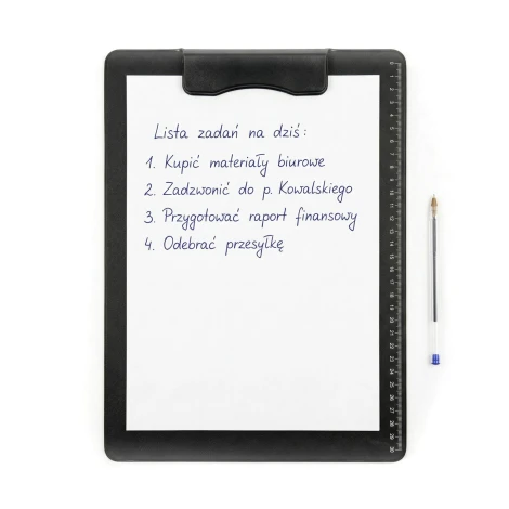 Magnetic A4 writing pad with handle, featuring a simple black rectangular design and clip.
