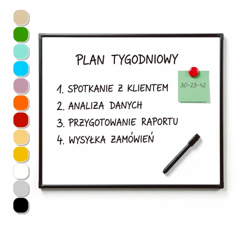 Custom dry-erase magnetic board in an aluminum frame - Graphic design. Simple white surface with colorful accents.