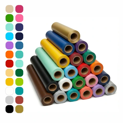 Self-adhesive foil by the meter - Graphic design. Four rolls in purple, gold, blue, and red.