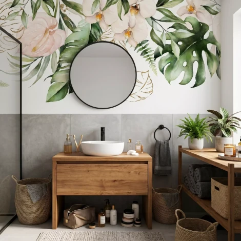 Wallpaper Delicate Tropical Flowers with Green and Golden Leaves