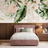 Wallpaper Delicate Tropical Flowers with Green and Golden Leaves