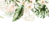 Wallpaper Delicate Tropical Flowers with Green and Golden Leaves