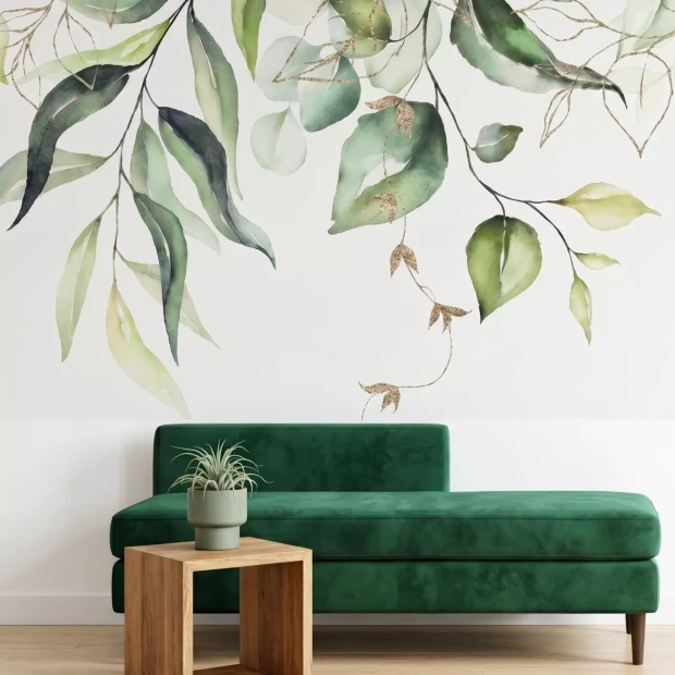 Wallpaper Delicate Green Leaves with Golden Accents