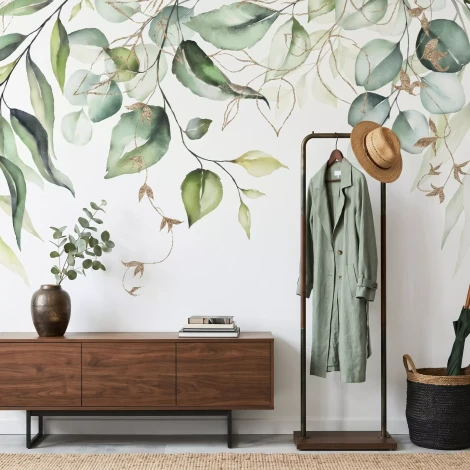 Wallpaper Delicate Green Leaves with Golden Accents