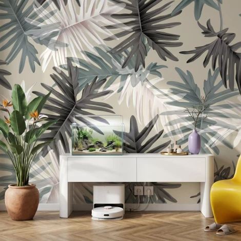 Wall Wallpaper: Exotic Foliage, Multicolored Leaves on Beige Background