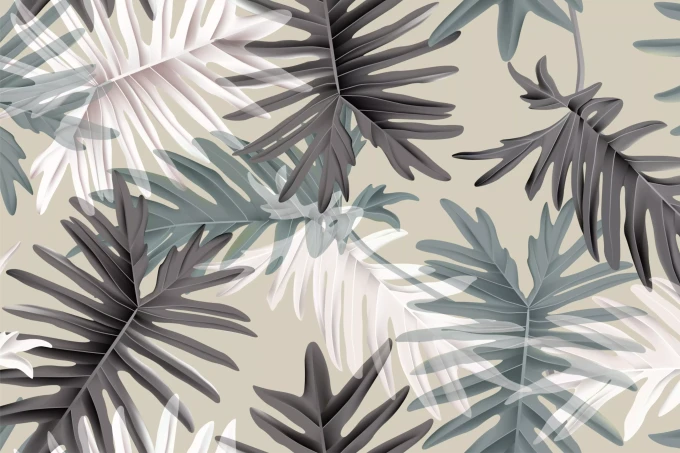 Wall Wallpaper: Exotic Foliage, Multicolored Leaves on Beige Background