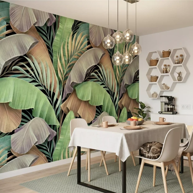 Wallpaper: Green, Beige and Brown Banana Leaves