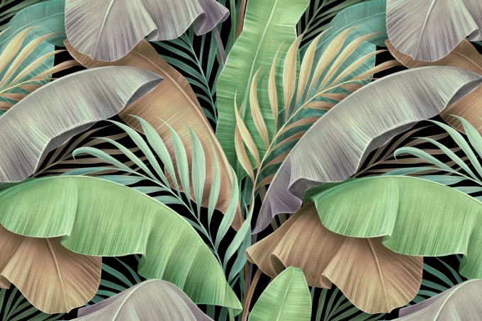 Wallpaper: Green, Beige and Brown Banana Leaves